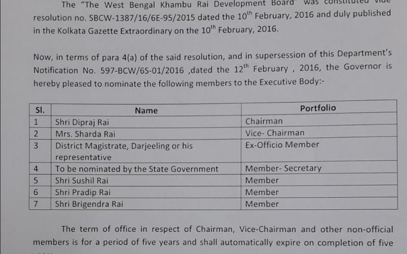 Reshuffle in West Bengal Khambu Rai Board